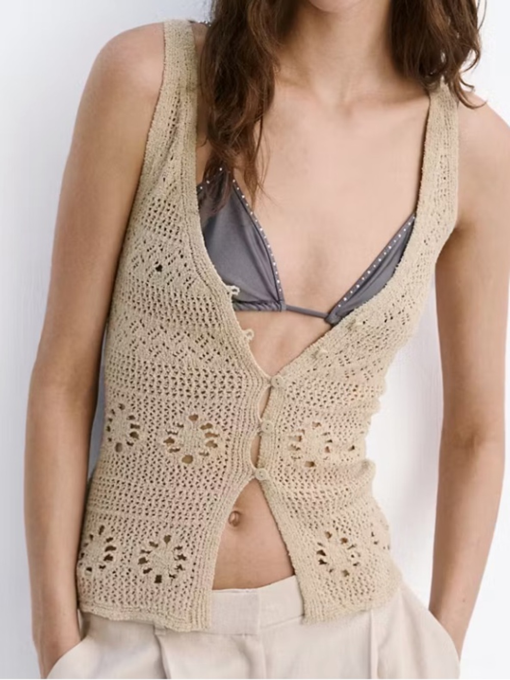 Mango Beige Crochet Button-Front Knit Vest CROCHET BUTTONED GILET 1384